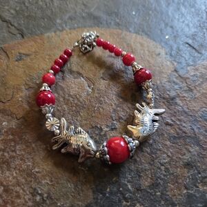 Handmade Silver and Red Beaded Fish Bracelet